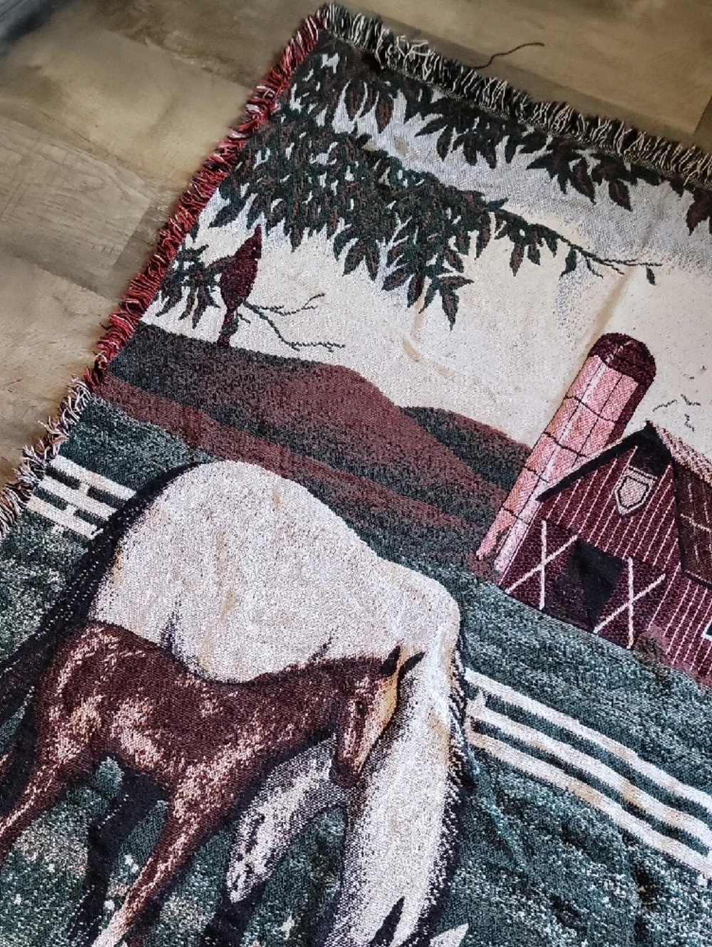 Vintage 90s Horse & Foal Farm Tapestry Throw - Green, Brown, White